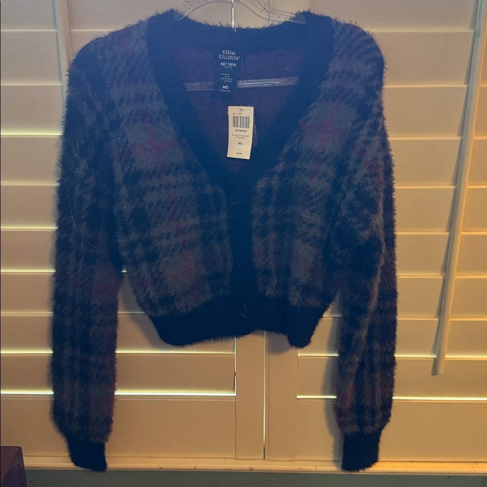 Social Collision Hot Topic Black Grey and Red Plaid Fuzzy Cardigan NWT Medium